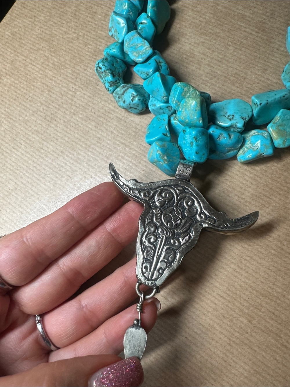 Turquoise Stone Double-Strand Necklace with Bull bone Skull Pendant - Picture 3 of 4
